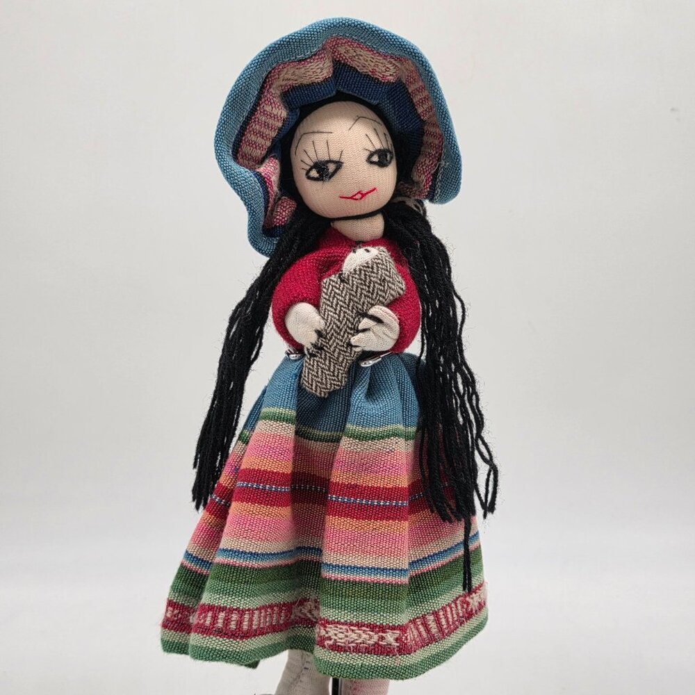 Handmade South American Folk Art Doll With Babies Tapestry Dress & Bonnet 12"